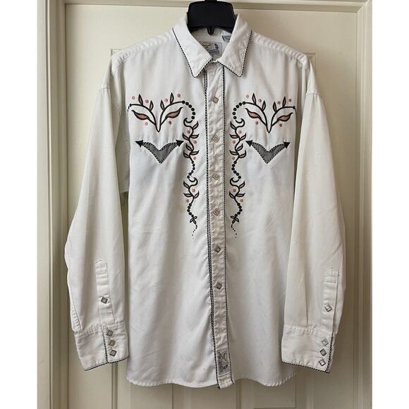 Panhandle Slim Mens Shirt Large White Western Embroidered Pearl Snap Button Up - Picture 3 of 15